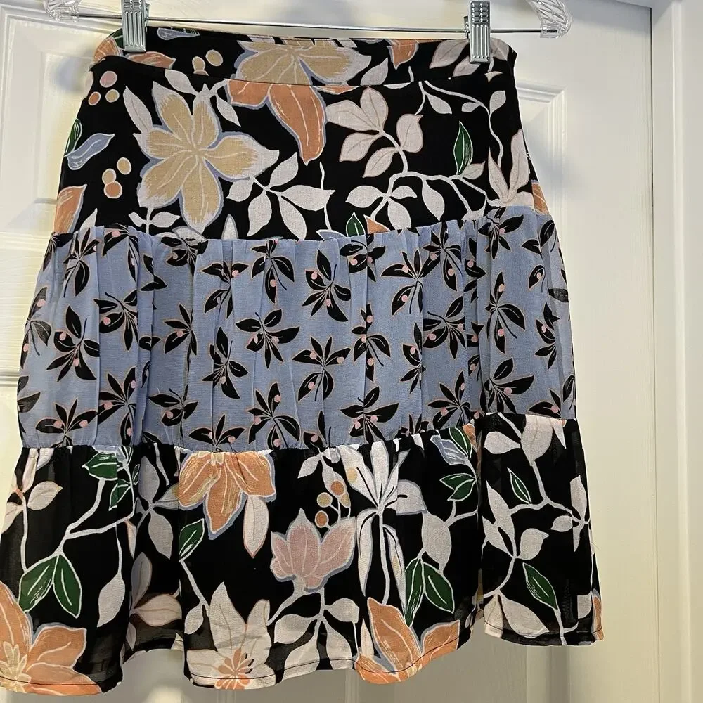 LOFT Womens Floral Tiered Mini Skirt Black‎ Blue Peach Size 2 NWT 446825